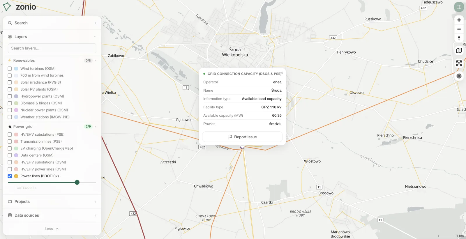 The Zonio map near Środa Wielkopolska with the power line layer on and a substation record open from Enea's data: GPZ 110 kV Środa, 60.35 MW of available load capacity.
