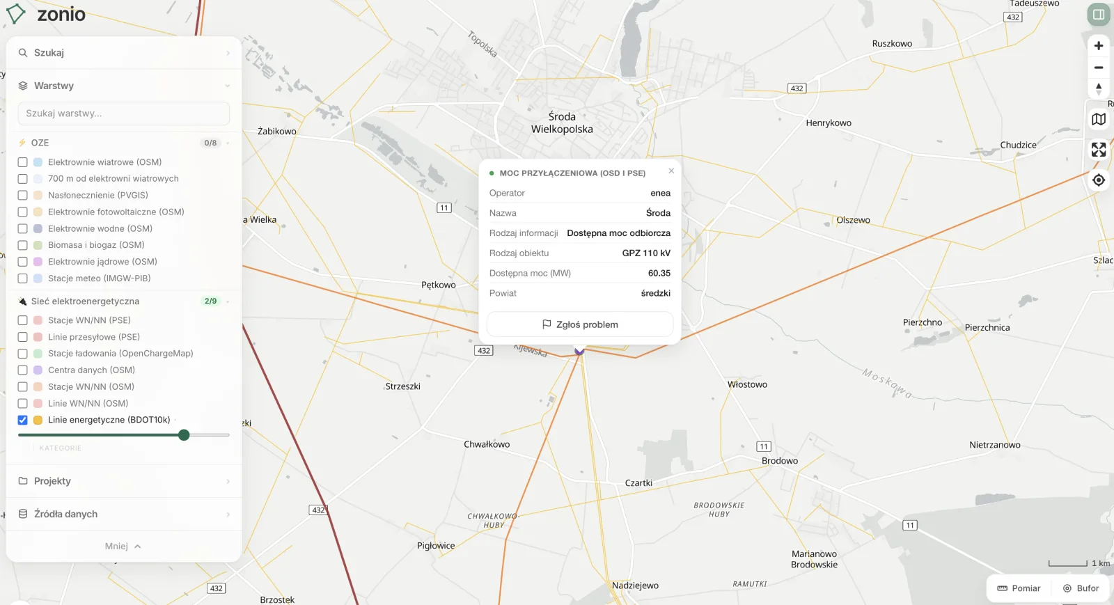 Mapa Zonio w okolicy Środy Wielkopolskiej z warstwą linii energetycznych i otwartym opisem stacji z danych Enea: GPZ 110 kV Środa, dostępna moc odbiorcza 60,35 MW.