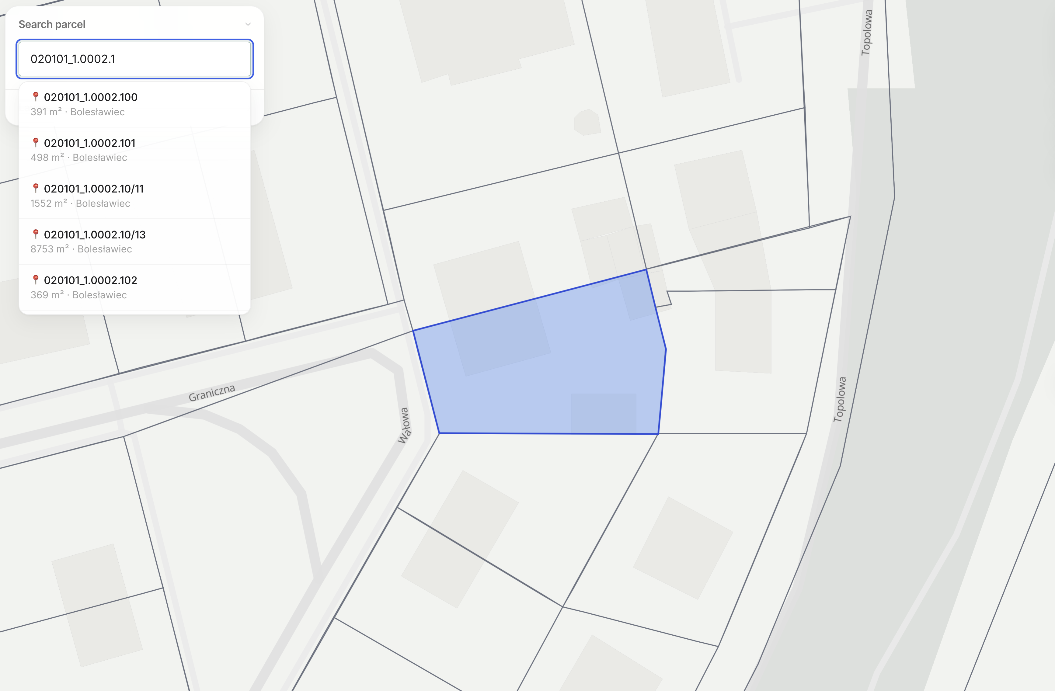 Parcel search in the Zonio app with a plot boundary selected
